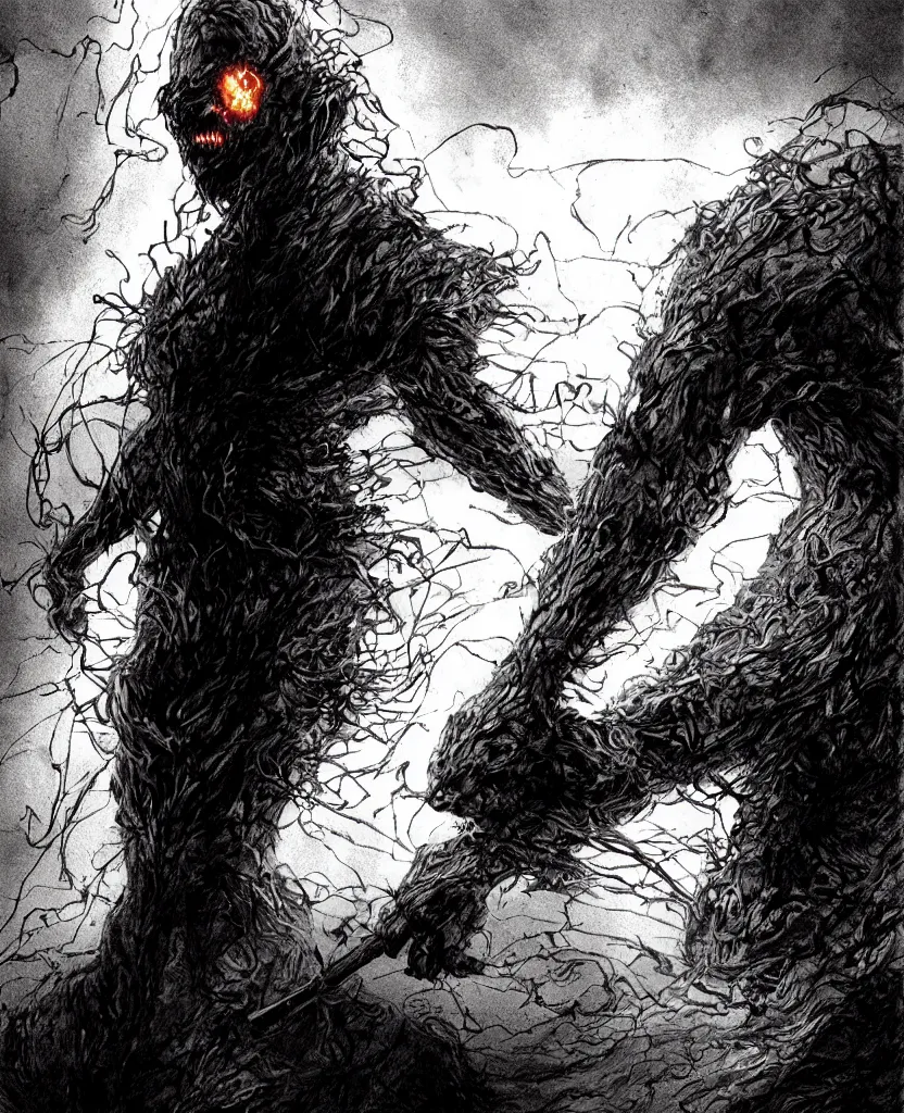 Image similar to a singed scary man with fire bursting out of him, dark colors, sinister atmosphere, dramatic lighting, cinematic, establishing shot, extremely high detail, photo realistic, cinematic lighting, pen and ink, intricate line drawings, by Yoshitaka Amano, Kentaro Miura, Artgerm, post processed, concept art, artstation, matte painting, style by eddie mendoza, raphael lacoste, alex ross