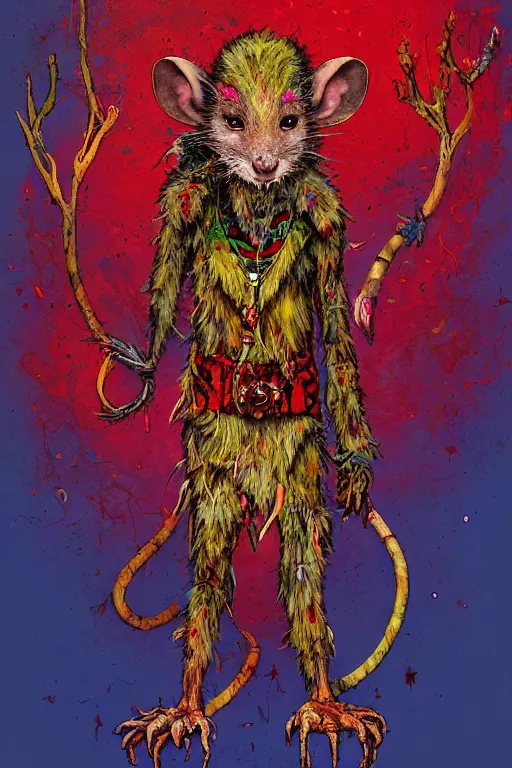 Prompt: shamanistic druid half rat, made of red gucci fabric, otherworldly forest, pixiv fanbox, dramatic lighting, maximalist pastel color palette, splatter paint, pixar and disney concept, graphic novel by fiona staples and dustin nguyen, peter elson, alan bean, wangechi mutu, clean cel shaded vector art, trending on artstation