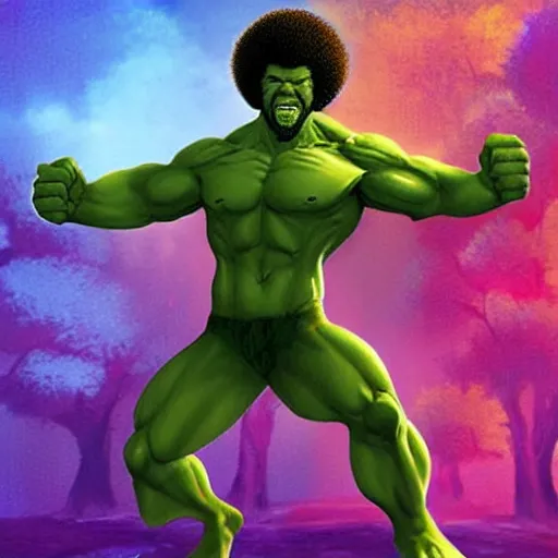 Prompt: photomanipulation of BOB ROSS as hulk, marvel