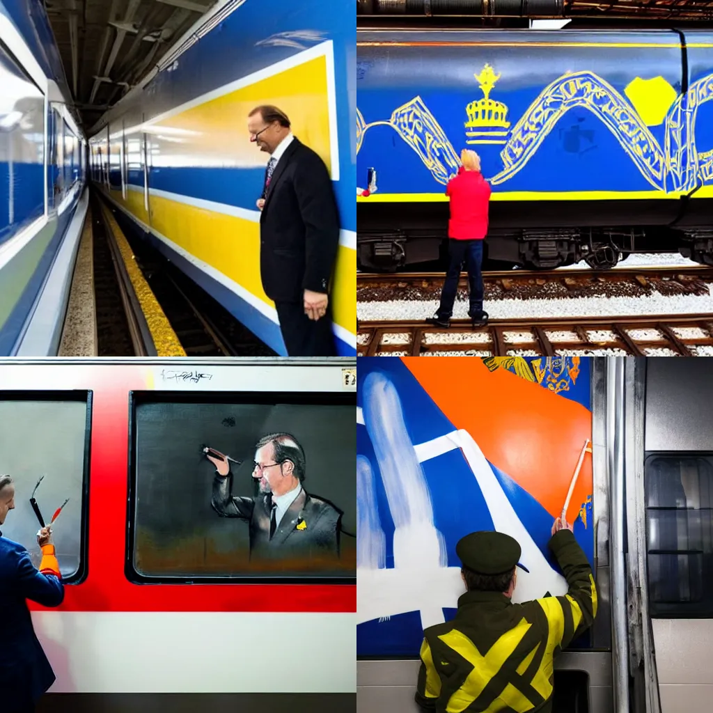 Prompt: The king of Sweden graffiti painting the swedish flag on a train