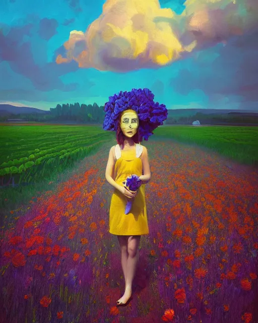 Image similar to girl with a giant carnation as face, surreal photography, flower field, sunset dramatic light, impressionist painting, colorful clouds, blue sky, digital painting, artstation, simon stalenhag