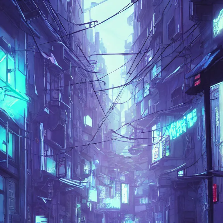 Image similar to city alleyway in the atmospheric cyberpunk anime film, gouache matte background painting, neon noir, at night with lights, by makoto shinkai, in the anime series ergo proxy, beautiful specular edge highlights and rim lighting