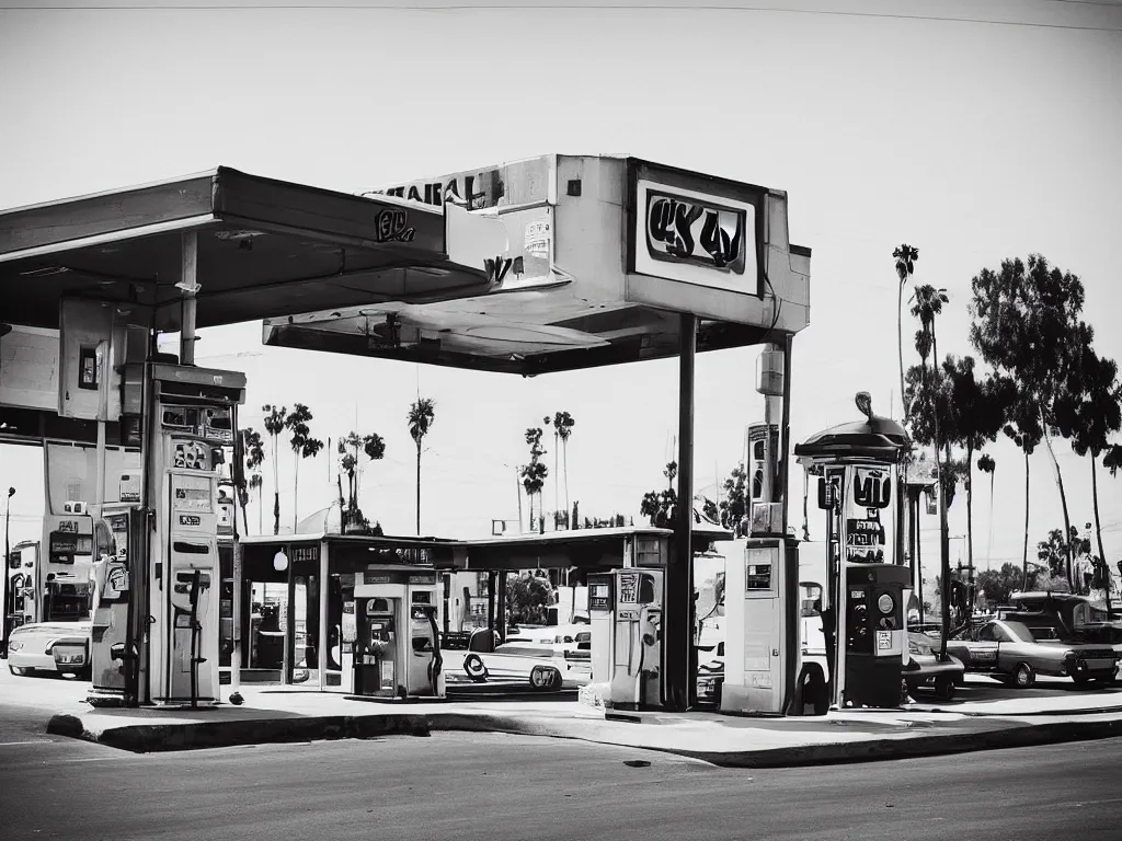 Image similar to “A black and white 35mm photo of a vintage gas station in Los Angeles”