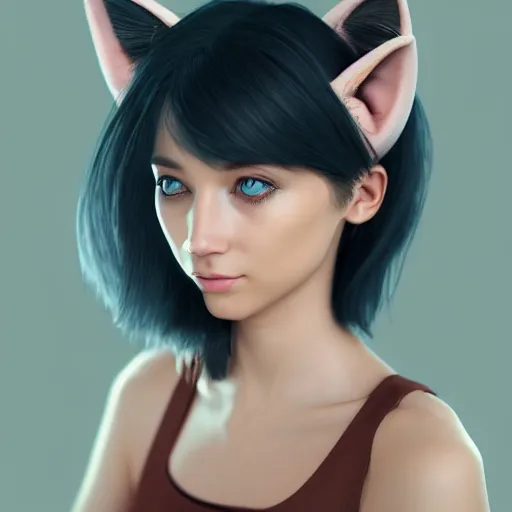 Prompt: Perfectly-Centered Portrait of a Young Woman Wearing Fake-Cat-Ears and t-shirt and shorts, intricate, elegant, super highly detailed, professional digital painting, artstation, concept art, smooth, sharp focus, no blur, no dof, extreme illustration, Unreal Engine 5, Photorealism, HD quality, 8k resolution, cinema 4d, 3D, beautiful, cinematic, art by artgerm and greg rutkowski and alphonse mucha and loish and WLOP