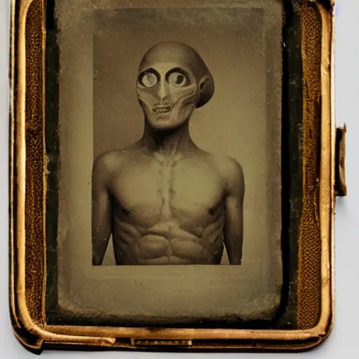Image similar to A daguerreotype photograph of an alien in ancient Egypt.