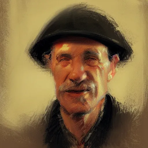 Prompt: Portrait of an oldman using a beret siting in a bar, looking to the camera, artwork by Craig Mullins, black background, trending on artstation, dramatic cinematic candle light