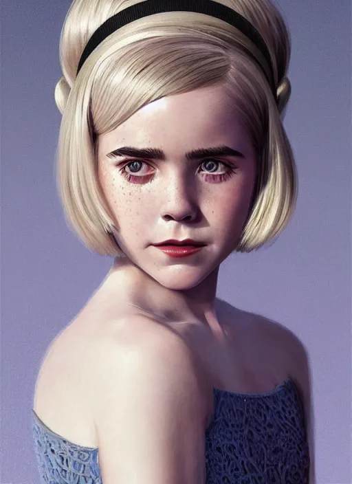 Image similar to portrait of kiernan shipka with freckles, white hair, 1 9 6 0 s bob hairstyle, hairstyle with bangs, 1 9 6 0 s bob hair with bangs and hairband, intricate, elegant, glowing lights, highly detailed, digital painting, artstation, concept art, smooth, sharp focus, illustration, art by wlop, mars ravelo and greg rutkowski