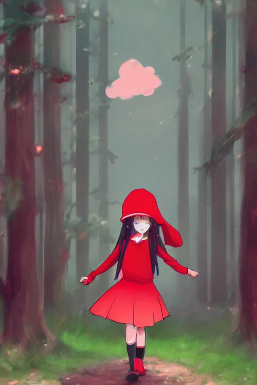 Image similar to concept art of a little girl in the red hat,forest, happy in anime style