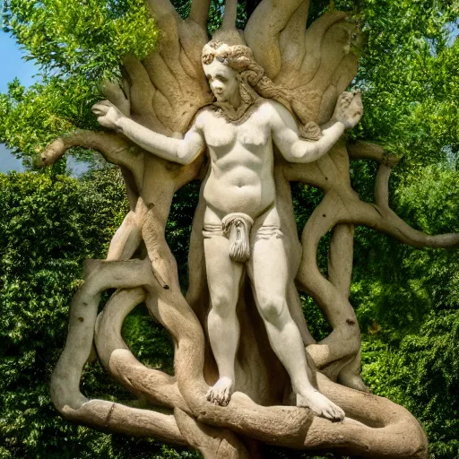 Image similar to high quality photo of cherubim protecting the tree of life in the garden of eden, award winning photography