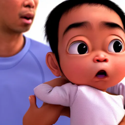 Prompt: shocked asian man holding african - american baby at hospital, he can't believe his eyes, award winning art, pixar, 3 d render, artstation