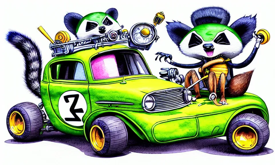 Image similar to cute and funny, racoon wearing a helmet riding in a hot rod with oversized engine, ratfink style by ed roth, centered award winning watercolor pen illustration, isometric illustration by chihiro iwasaki, edited by range murata, tiny details by artgerm and watercolor girl, symmetrically isometrically centered