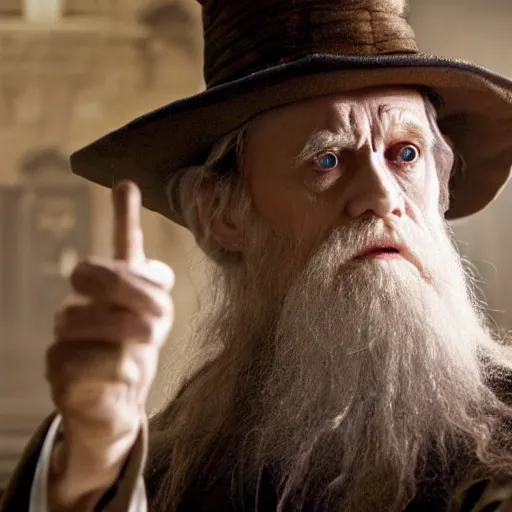 Image similar to william dafoe as dumbledore, film still, cinematic lighting