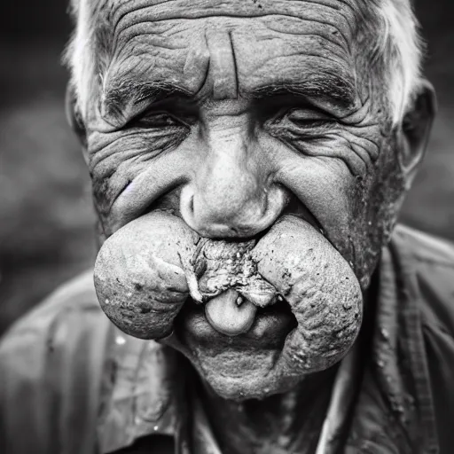 Image similar to an old man with a mouthful of mud
