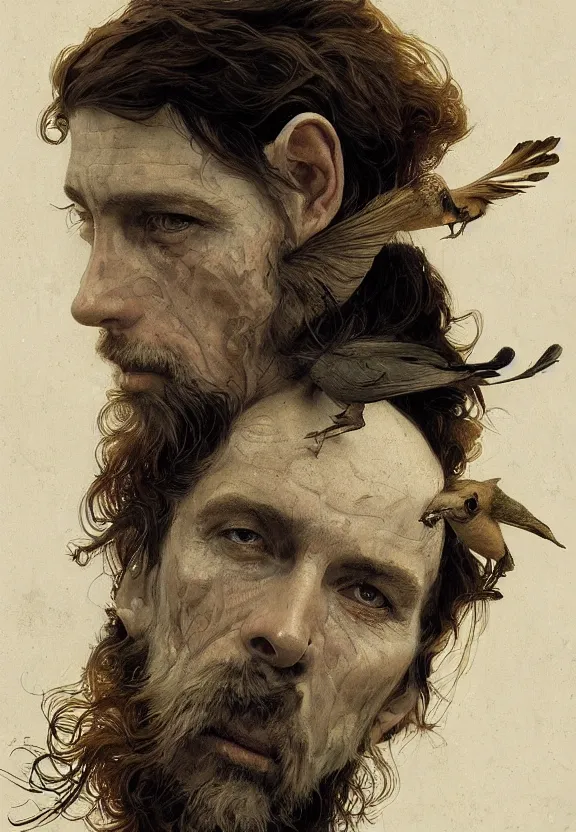 Prompt: portrait of a haggard man with the face of a bird, nature, surreal, face, detailed, intricate, elegant, lithe, highly detailed, digital painting, artstation, concept art, smooth, sharp focus, illustration, art by krenz cushart and artem demura and alphonse mucha