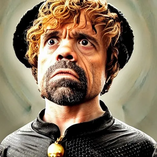 Prompt: Tyrion Lannister wearing a black baseball cap with a gold necklace that spells LEONIE, looking hiphop style painting