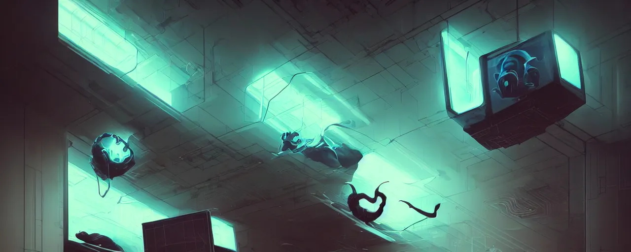 Image similar to duotone noir scifi concept dynamic illustration of 3 d mesh of cat inside box floating zero gravity glowing 3 d mesh portals retrofuturistic, glowing eyes, octane render, surreal atmosphere, volumetric lighting. accidental renaissance. by sachin teng and sergey kolesov and ruan jia and heng z. graffiti art, scifi, fantasy, hyper detailed. trending on artstation