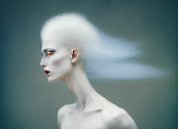Image similar to cinestill 5 0 d photo portrait of a beautiful hybrid with woman face in style of paolo roversi by roberto ferri, weird marble body, white hair floating in air, 1 5 0 mm lens, f 1. 2, ethereal, emotionally evoking, head in focus, bokeh, volumetric lighting, matt colors outdoor