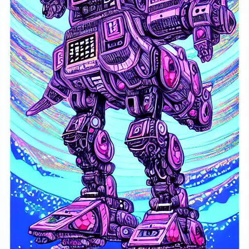 Image similar to beautiful detailed comic illustration, psychedelic fractals and robot mecha dinosaurs, cyberpunk, white, pink, blue, turquoise, orange, pastels