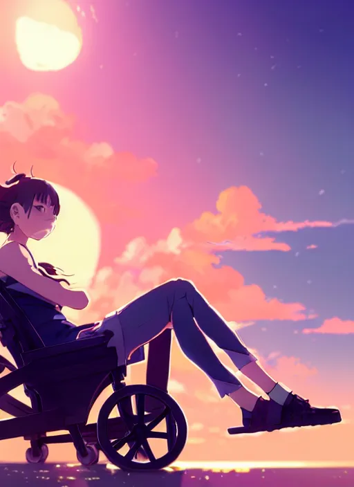 Prompt: side portrait of cute girl, sunset sky in background, beach landscape, illustration concept art anime key visual trending pixiv fanbox by wlop and greg rutkowski and makoto shinkai and studio ghibli and kyoto animation, futuristic wheelchair, symmetrical facial features, should eyes, future clothing, realistic anatomy, backlit