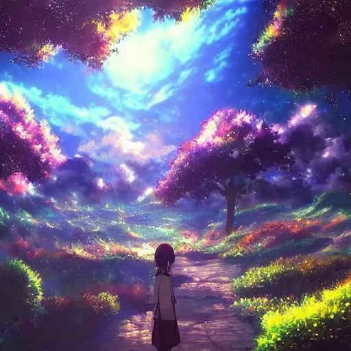 Image similar to a heavenly dream view from the interior of my cozy dream world filled with color from a Makoto Shinkai oil on canvas inspired pixiv dreamy scenery art majestic fantasy scenery fantasy pixiv scenery art inspired by magical fantasy exterior