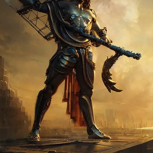 Image similar to stunning portrait of greek argonaut Orpheus wearing a golden lyre, painting by Raymond Swanland, cyberpunk, sci-fi cybernetic implants hq