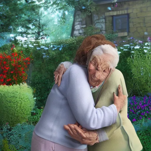 Image similar to A photo of 95-year-old lady hugging her 75-year-old daughter in a garden, concept art, trending on art station, 4k, 8k, high detailed, photorealistic