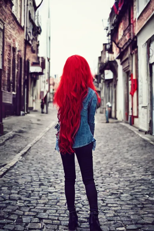 Image similar to red hair, standing in a street