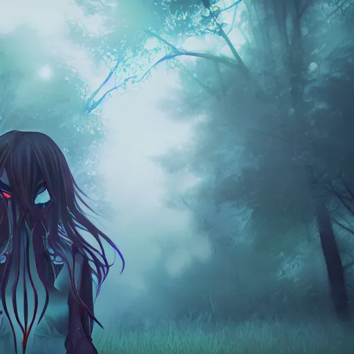 Image similar to portrait of darkness witch as an anime girl, dark forest background, inspired by Tim Burton, unreal engine render, volumetric light, high détail