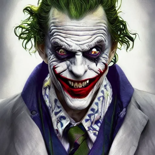 Image similar to ultra realistic illustration, christopher lloyd as the joker,, fantasy, intricate, horror, highly detailed, digital painting, artstation, concept art, sharp focus, illustration, art by artgerm and greg rutkowski and alphonse mucha