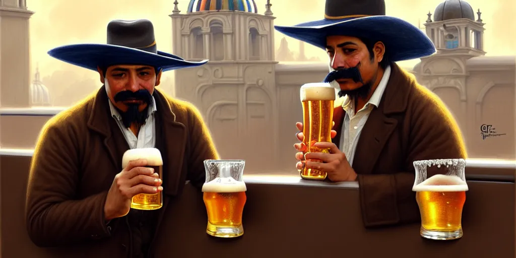 Image similar to a illustration of a mexican man with hat drinking a beer on train station, fantasy, intricate, elegant, highly detailed, digital painting, artstation, concept art, matte, sharp focus, art by aenaluck and roberto ferri and greg rutkowski, epic, juan caloto, juice ipa