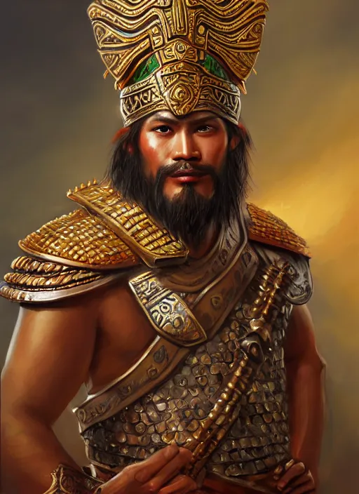 Image similar to smart tai warlord, closeup portrait, historical hero, ethnic group, sukhothai costume, thai bronze headdress, intricate, with leather armor cross on bare chest, elegant, loin cloth, highly detailed, oil painting, artstation, concept art, matte, sharp focus, illustration, hearthstone, art by earl norem