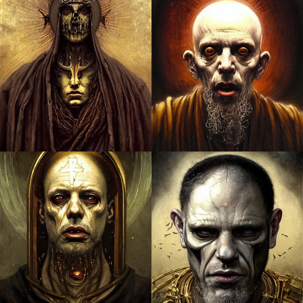 Prompt: a painting of a portrait of the high pontifex of pain with a halo on his head, golden halo, a detailed painting by santiago caruso, official art by greg rutkowski, a character portrait by seb mckinnon,, gothic art, apocalypse art, antichrist, grotesque, elder, skin, gouache, sinew, artstation