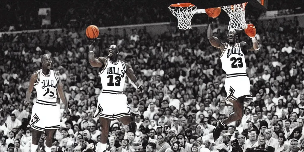 Image similar to Michael Jordan playing basketball against ghosts, 1995