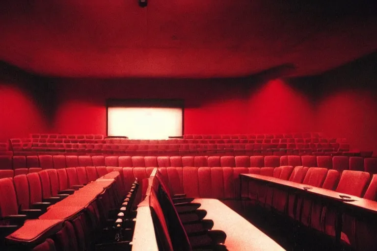 Image similar to a dark conference auditorium with a small crowd, atmospheric and obscure, red neon light, by roger deakins, cinematography, syd mead, dave mckean