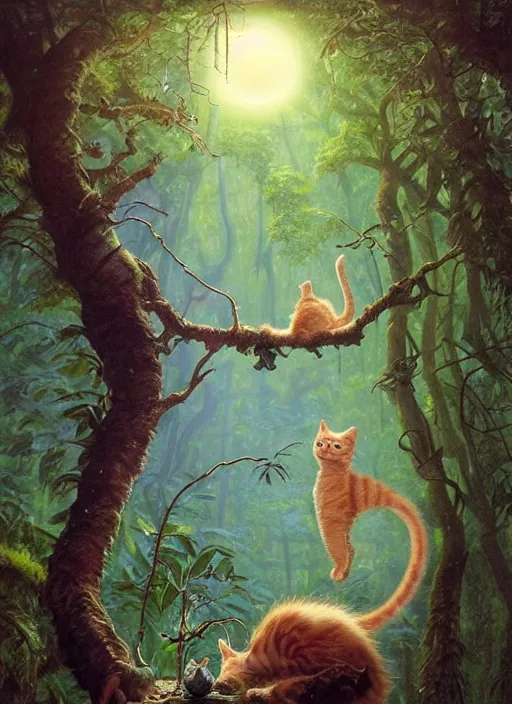 Image similar to a hyper realistic cat god with happy lighting and technology jewelry in the woods gorgeous lighting, sunbeams blue sky, lush forest foliage painting by chiara bautista and beksinski and norman rockwell and greg rutkowski weta studio, and lucasfilm