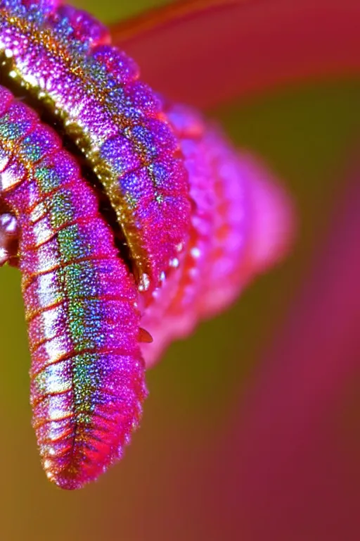 Image similar to high quality close-up photo pearlescent caterpillar! gorgeous highly detailed david ligare elson peter cinematic pink lighting high quality low angle hd 8k sharp shallow depth of field