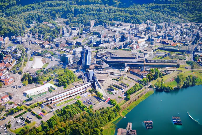 Image similar to bird's eye view photography of a small city. town hall, central farm, monorail station, beach and shipping dock. hills, woods and lake to the north.