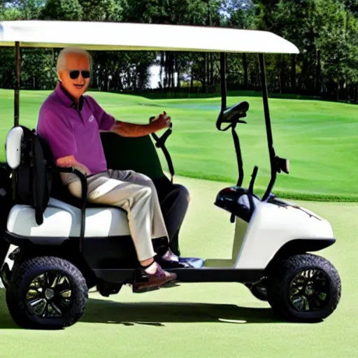 Image similar to joe biden driving a golf cart on the golf course green, photorealistic