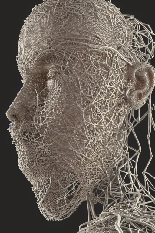 Image similar to a melancholic realistic 8k Sculpture of a complex robotic human face, liquid simulation, dramatic lighting, silver gold red details, hexagonal mesh wire, filigree intricate details, cinematic, fleshy musculature, white blossoms, elegant, octane render, art nouveau, 8k post-processing, intricate artwork by WLOP