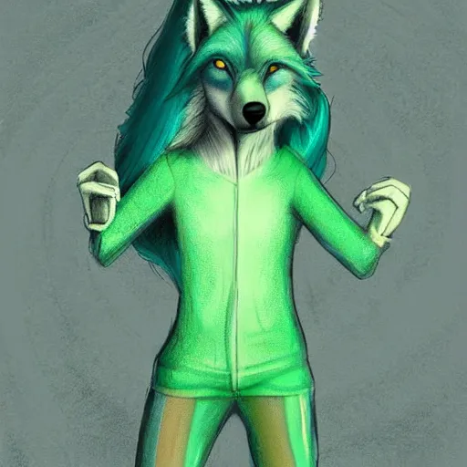 Image similar to Beautiful digital painting, anthro anthropomorphic pastel-green androgynous wolf, Punk outfit. lake