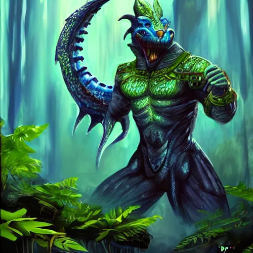 Prompt: A dragonborn with blue scales in a rainforest, trending on artstation, digital art
