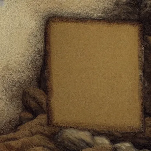 Prompt: a painting of a blank ancient scroll on a rock, German Romanticism style, cinematic lighting, broad brush strokes