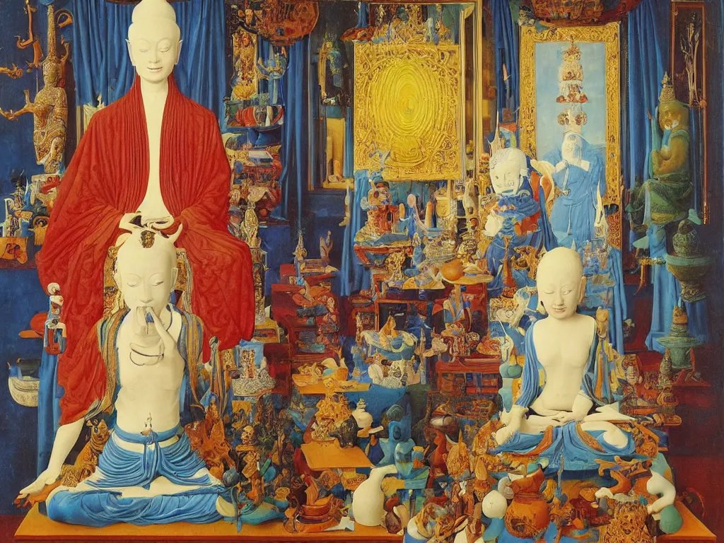 Image similar to Portrait of albino mystic with blue eyes, with Thai statue of the Buddha. Painting by Jan van Eyck, Audubon, Rene Magritte, Agnes Pelton, Max Ernst, Walton Ford