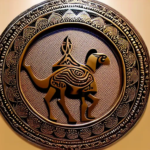 Image similar to gorgeous ornated bronze realistic detailed sacred camel wall decoration with filigree, islamic calligraphy