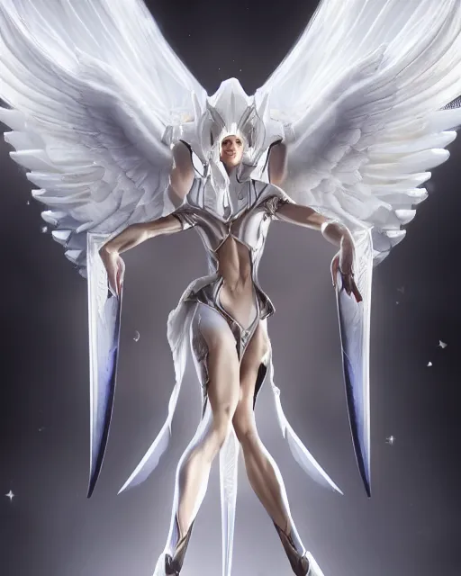 Image similar to perfect white haired attractive egyptian goddess with huge white dove wings, warframe armor, beautiful, symmetric, dreamy, half asian, pretty face, blue eyes, detailed, scifi platform, laboratory, experiment, 4 k, ultra realistic, epic lighting, android body, illuminated, cinematic, masterpiece, art by akihito tsukushi, voidstar