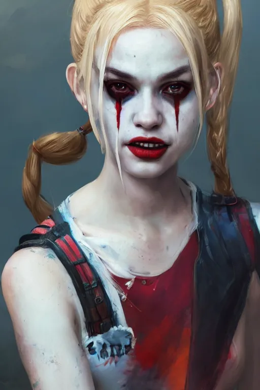 Prompt: a portrait of Harley Quinn by Greg Rutkowski, Sung Choi, Mitchell Mohrhauser, Maciej Kuciara, Johnson Ting, Maxim Verehin, Peter Konig, final fantasy , mythical, 8k photorealistic, cinematic lighting, HD, high details, atmospheric,