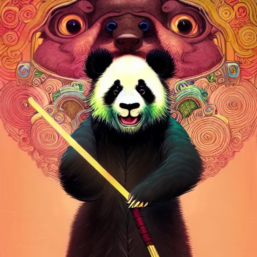 Image similar to a beautiful hyperdetailed character design 4 k wallpaper illustration of a cute panda with a chinese lion dance head victo ngai cyberpunk style, from china, style of studio ghibli, makoto shinkai, raphael lacoste, louis comfort tiffany, artgerm, james jean, ross tran, chinese style