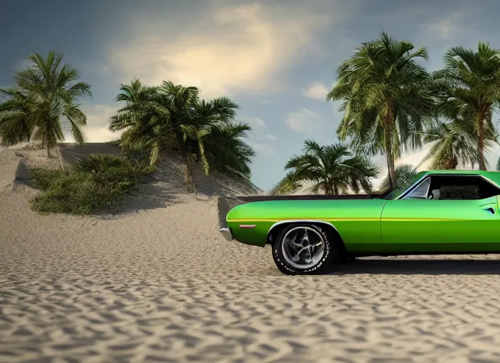 Prompt: hyperrealism, detailed textures, photorealistic 3 d render, a dreamy beach in cuba, a 1 9 7 0 hemi cuda with mopar green colour scheme, sharp focus, ultra realistic, ultra high pixel detail, cinematic, intricate, cinematic light, concept art, illustration, art station, unreal engine 8 k