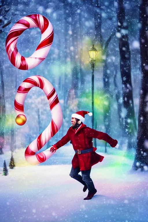 Image similar to a man running through a snowy christmas fantasy landscape, giant candy canes, colorful magic effects, olive skin, portrait, male, sharp focus, digital art, concept art, dynamic lighting, by emylie boivin and rossdraws