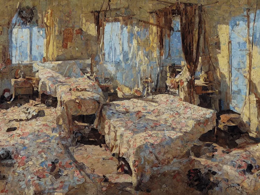 Image similar to bedroom, heatwave, Denis sarazhin, oil on canvas